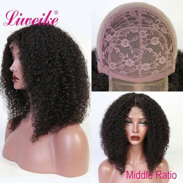 

liweike deep curly 4*4 lace closure sewing wig remy human hair brazilian bundles with wigs natural 1b color 150% density1, Black;brown
