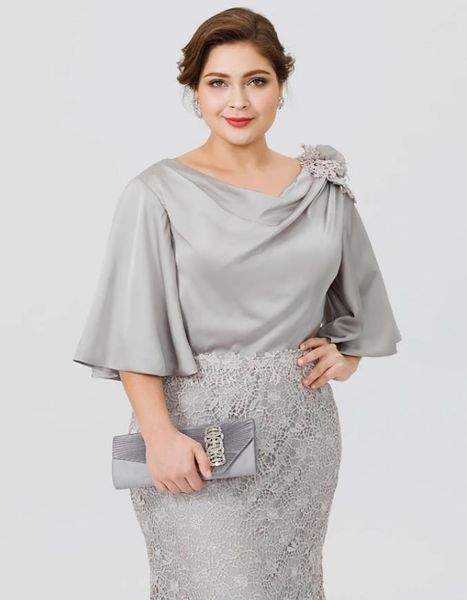 

mermaid /trumpet mother of the bride dress plus size cowl neck sweep / brush train chiffon lace over satin half sleeve with appliques c003, Black;red