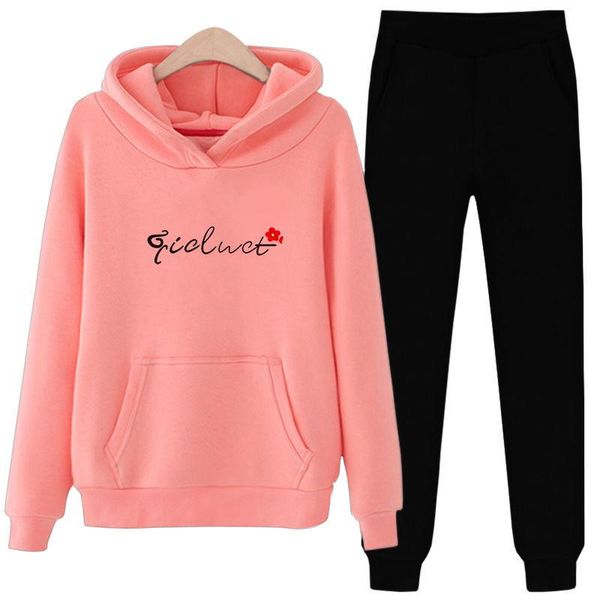 

women's two piece pants autumn winter with hat sweater plush thickened cute casual sports suit loose long sleeve and set, White
