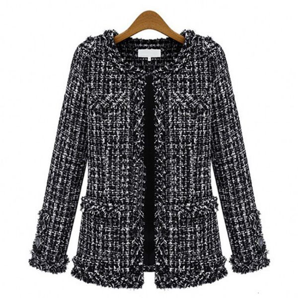 

women's wool & blends autumn winter black white plaid loose short coat women vintage o neck long sleeve tassel tweed plus size ladies j