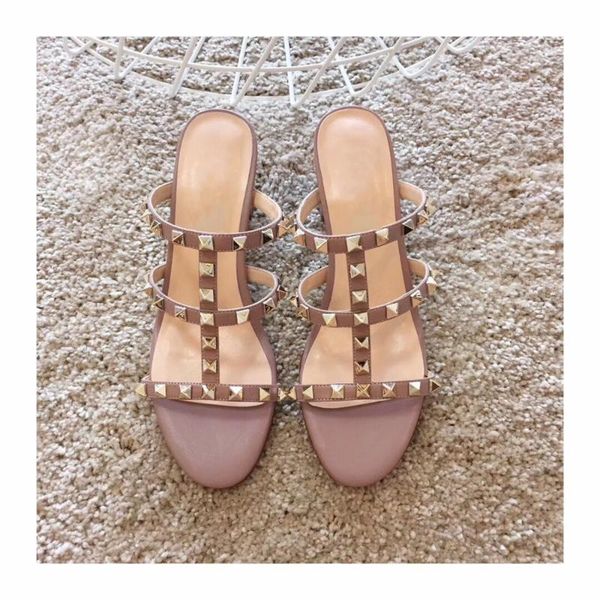 

sandals fashion women's slide leather heel slippers rivet design shoes brand, Black