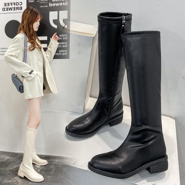

boots 2021 women knee high female leather fetish knight plus size booties lady low 4.5cm heels white autumn shoes, Black