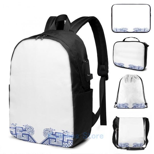 

backpack funny graphic print blue willow border usb charge men school bags women bag travel laptop