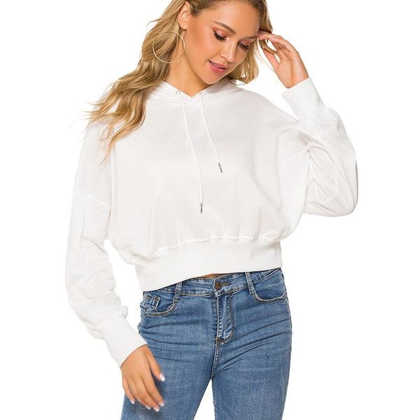 

women's hoodies & sweatshirts long sleeve drop shoulder o neck loose short pullover solid color spring and autumn ladies fashion hooded, Black