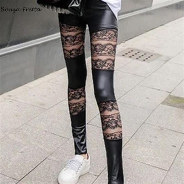 

slim fitness leather imitation women legging bottoming and winter size feet patchwork plus pants lace autumn a8d9, Black