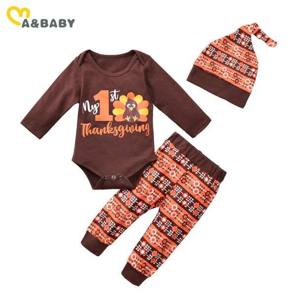 

0-18m born infant baby boy girl my 1st thanksgiving day clothes set letter romper pants hat outfits 210515, White