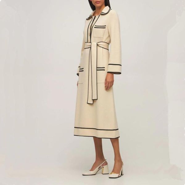 

casual dresses fashion designer women loose sweater dress 2021 autumn lapel collar long sleeve sashes knitted midi wrap nightgown, Black;gray