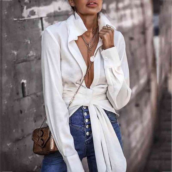 

deep v neck white lace up blouse women autumn winter chic streetstyle blouse ladies