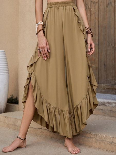 

rusttydustty elastic waist ruffle hem wide leg pants o5iq#, Black;white