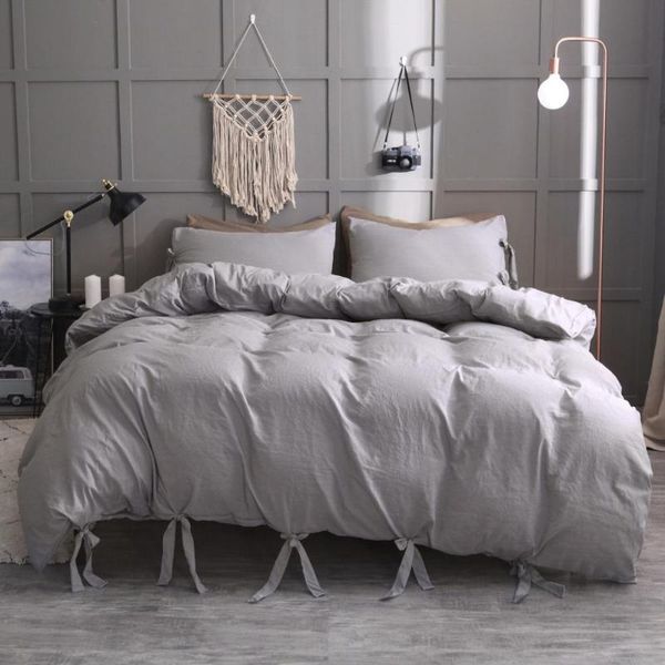 

bedding sets lace up washed cotton solid color soft and comfortable quilt cover pillowcase suits bed duvet 2021
