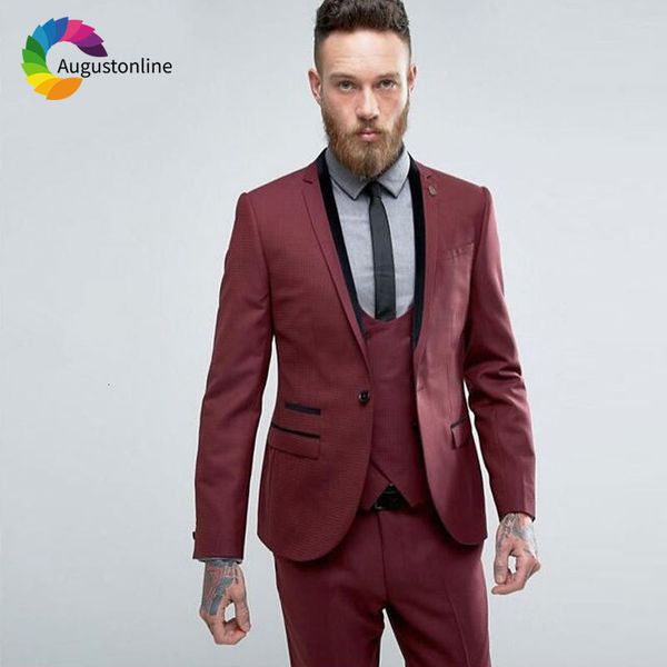 

men's suits & blazers burgundy men 3piece jacket pants vest black lapel wedding for man slim fit groom tuxedos prom wear g0v7, White;black