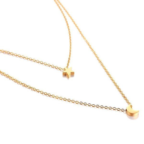 

chokers star moon charm layered choker for women gold color stainless steel doule layer necklace elegant party jewelry, Golden;silver