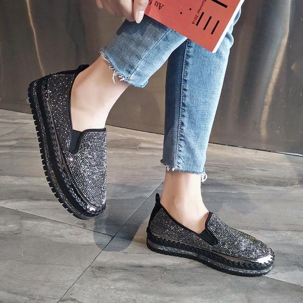 

dress shoes summer ladies flats women's single rhinestones thick-soled flat casual students sapato feminino, Black