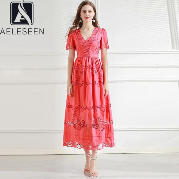 

casual dresses aeleseen 100% cotton dress runway fashion women summer flower hollow out v-neck ruffles elegant party, Black;gray
