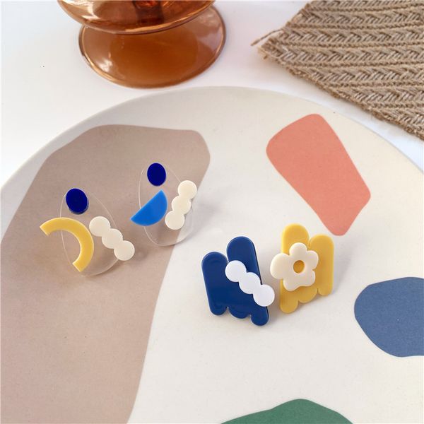 

creative color matching acrylic flower asymmetric geometric earrings women's transparent oval resin temperament, Silver