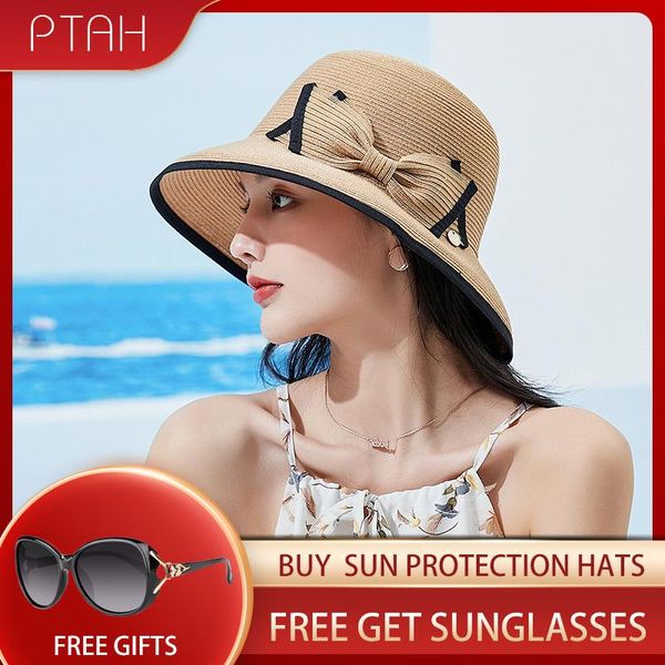 

wide brim hats [ptah] summer straw sun hat women upf 50+ roll-up lightweight foldable beach cap breathable protection, Blue;gray