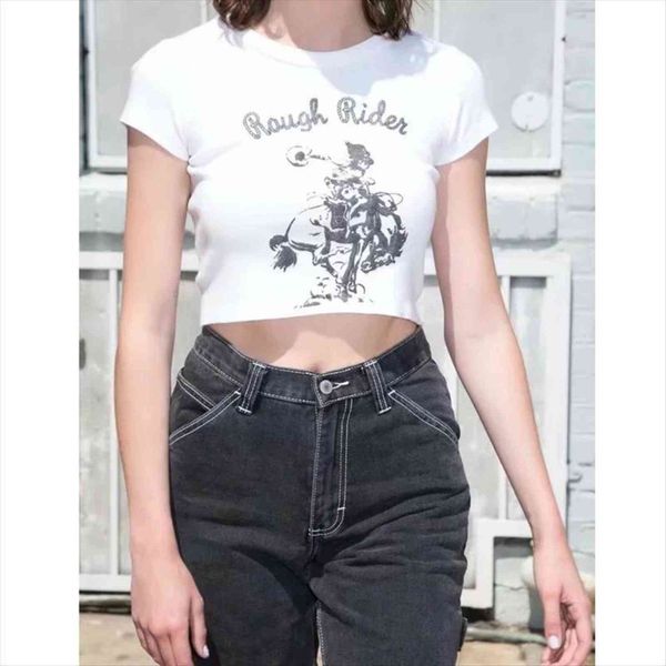 

rough rider graphic cotton womens t shirt cropped fit tee crop short sleeved, White