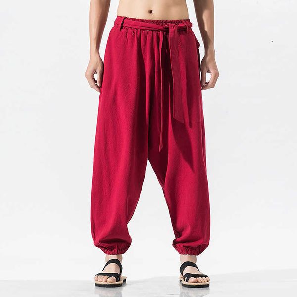 

men's pants summer wide leg men cotton linen bloom mens red chinese style harem male trousers pantalon hombre 1u93 2fhp, Black