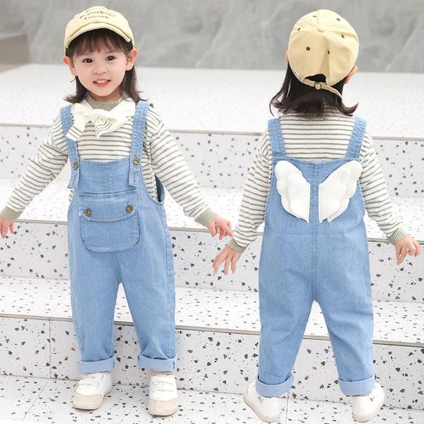 

jumpsuits toddler boys girls jeans jumpsuit 2021 fashion spring autumn kids clothes lovely wing children denim overalls baby pants rompers, Blue