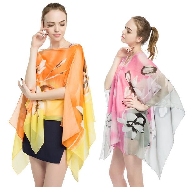 

scarves chiffon print shawl for summer sun protection, Blue;gray