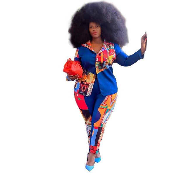 

women's two piece pants shzq plus size vintage women colorful printing sets autumn arrivals lady turn-down collar shirts + skinny ou, White