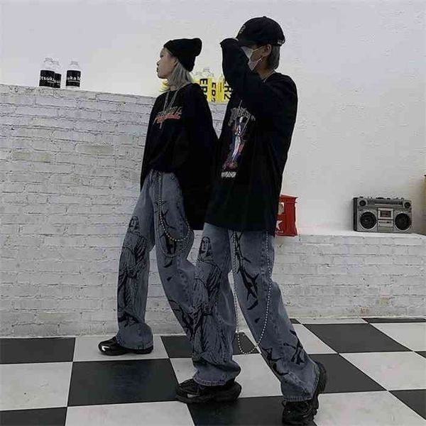 

printing gothic hip hop loose straight wide leg jeans women pockets vintage korean style harajuku high waist denim streetwear, Blue