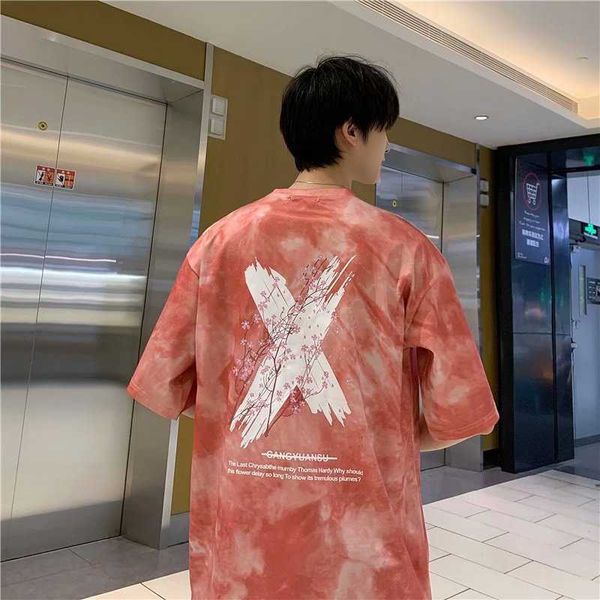 

summer street brand tie dye letter print round neck t-shirt personality loose hip hop men's fashion, White;black