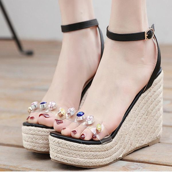 

bohemia sandals crystal korean style thick wedges heel 2021 high heels punk platform for woman summer shoes, Black