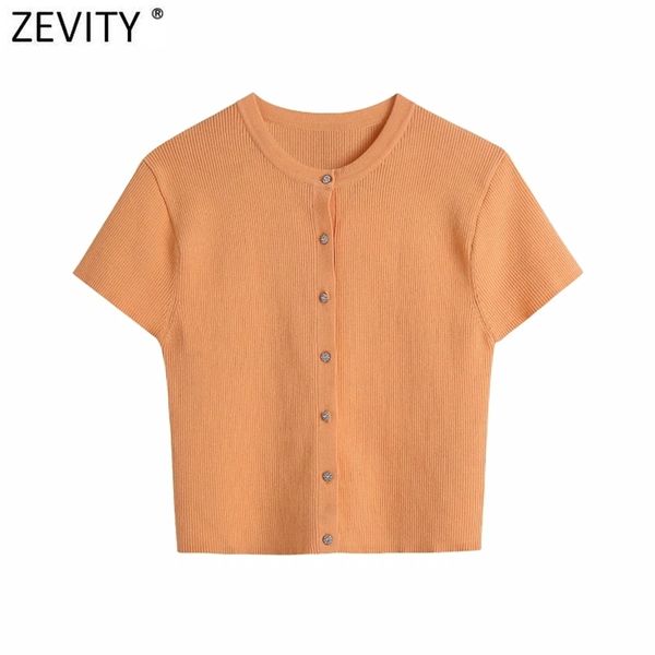 Zevity Frauen Einfach O Hals Kurzarm Orange Farbe Kurze Strickpullover Weibliche Chic Diamant Knöpfe Strickjacken Mantel Tops SW807 210810