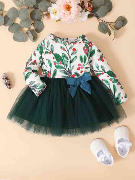 

baby plants print contrast mesh bow front dress she, Red;yellow