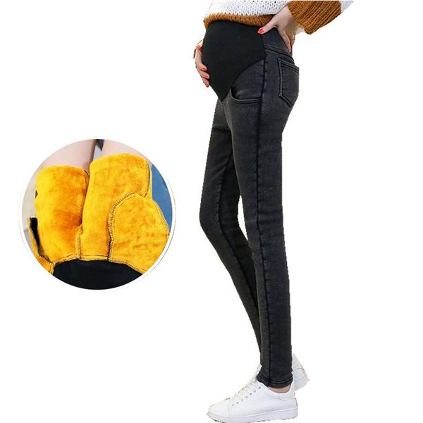 

maternity bottoms jeans elastic waist winter clothes for pregnant women plus velvet thickening pants, White