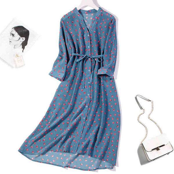 

dress women's 100% pure silk v neck half sleeve long midi dress blue dots with belt l xl jn507, Black;gray
