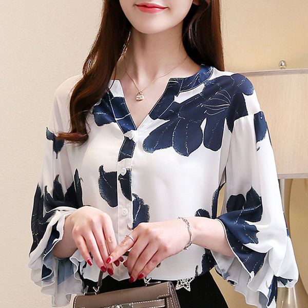 

blouse women fashion summer flare sleeve blouse shirt women v-neck print chiffon blouse women clothes shirts blusa d81 210426, White