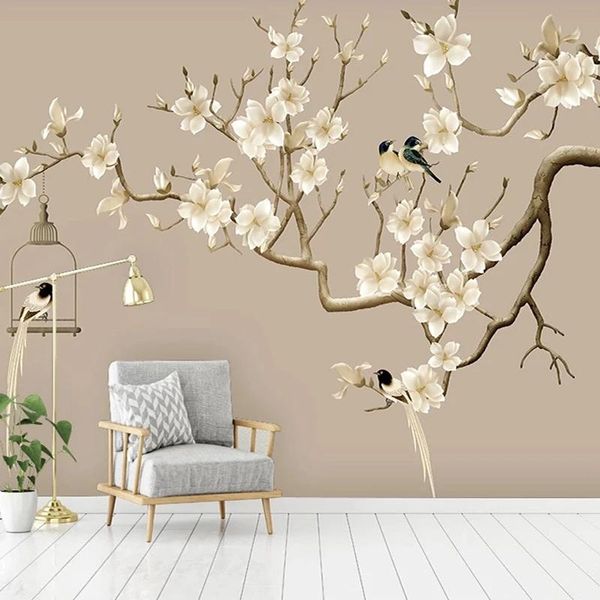 

po self adhesive wallpaper chinese style hand-painted flower bird figure magnolia murals living room study decor wall wallpapers