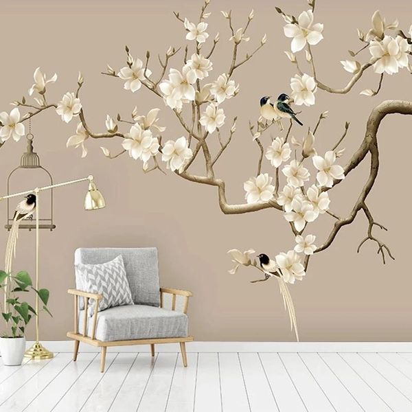 Po Selbstklebende Tapete im chinesischen Stil, handgemalte Blumen- und Vogelfigur, Magnolien-Wandbilder, Wohnzimmer, Arbeitszimmer, Dekor, Wandtapeten