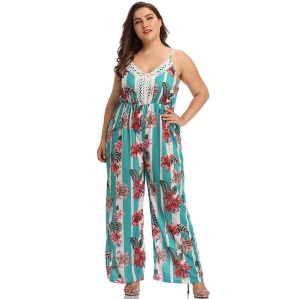 

women's jumpsuits & rompers summer high waist pants fashion printing wide leg casual trousers loose sling ladies jumpsuit 4xl, Black;white