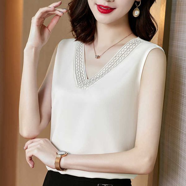 

women's summer tanks solid short blouse for women sleeveless shirt white satin v-neck female woman basic shirts 210604