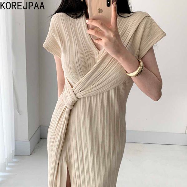 Korejpaa Frauen Kleid Sommer Koreanische Chic Elegante Temperament V-ausschnitt Sorgfältig Maschine Geknüpfte Unregelmäßige Schlitz Gestrickte Vestido 210526