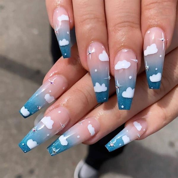 

false nails 24pcs/box wearable long ballerina coffin blue sky white cloud pattern full cover press on tips nail art decor, Red;gold