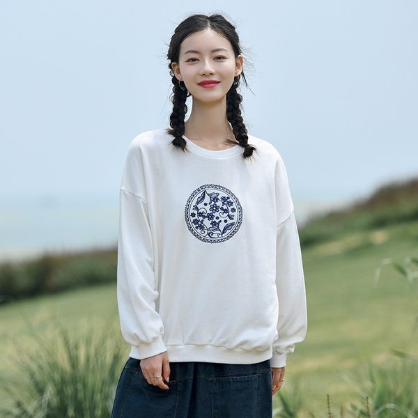 

qimei round neck pullover autumn 2021 new chinese style embroidered women's loose top, Black