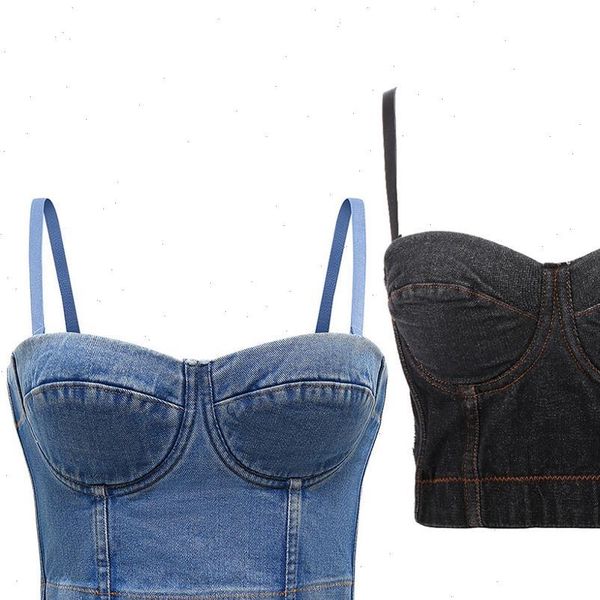 

women tank detachable straps crop retro denim push up bustier corset club camis 649c drop, White