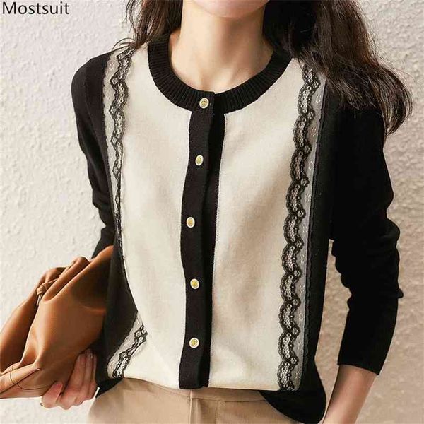 

spring autumn fashion elegant women knitted cardigan lace patchwork single breasted sweater ladies jumper korean 210513, White;black