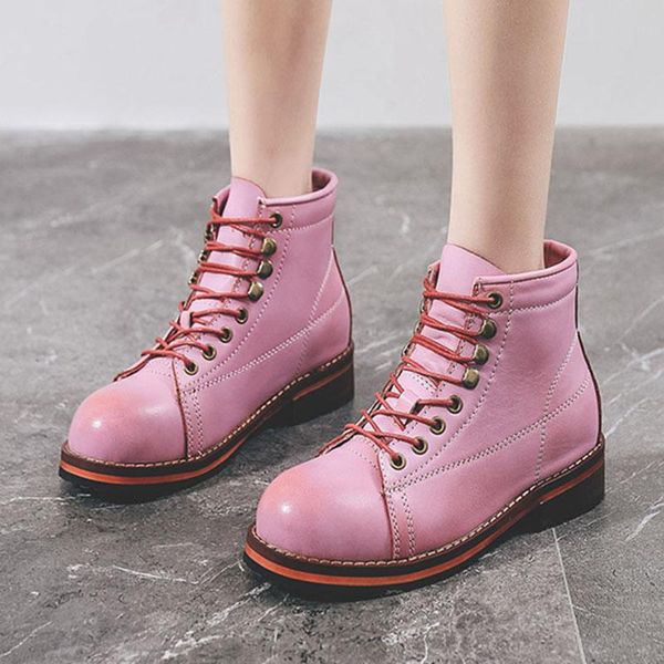 

boots high-quality ankle women korean first layer cowhide high-round toe thick bottom all-match casual female shoes, Black
