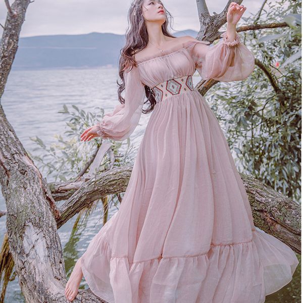 

women's off shoulder long sleeve elastic waist embroidery bohemian dress holiday beach maxi vintage vestidos 210520, Black;gray