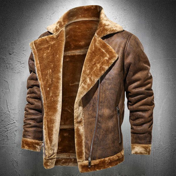 

autumn winter men leather jacket vintage motorcycle fur lined lapel faux suede coat mens 211009, Black