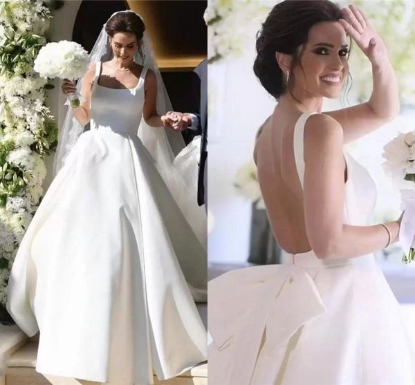 

simple satin wedding dresses bridal gown white backless sweep train straps square neckline sleeveless bow custom made vestidos de novia
