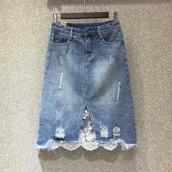 

skirts summer spring women lace patchwork denim casual high waist a-line slim knee-length jean plus size mclx, Black