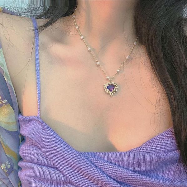 

pendant necklaces fashion purple crystal love heart necklace vintage pearl chain for women aesthetic neck collar jewelry, Silver