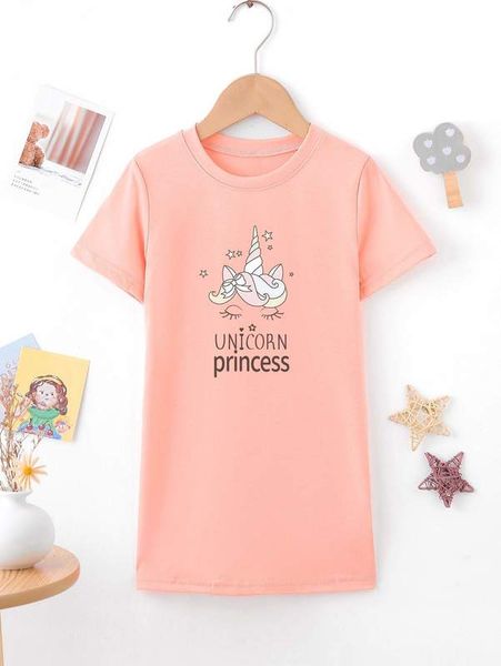 

girls 1pc letter & unicorn print tee dress she, Red;yellow