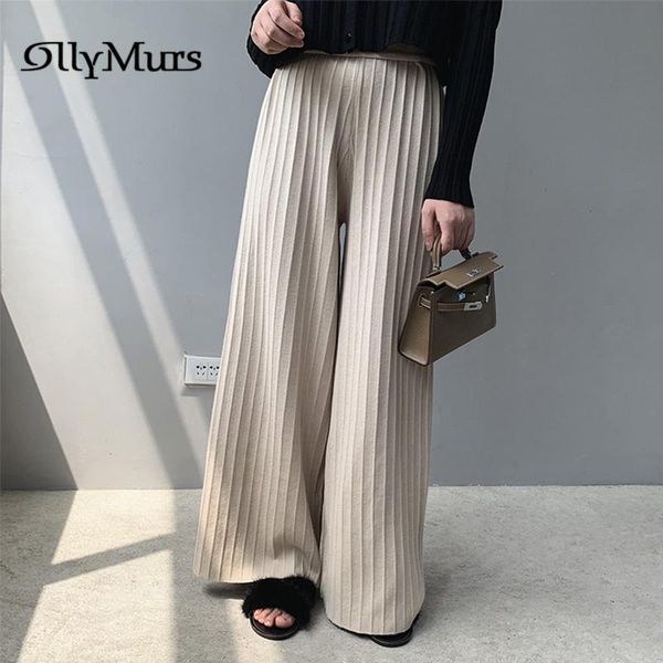 

women's pants & capris elasticed waist wide leg km039 casual loose long trousers for women fall winter solid striped ladies mid knittin, Black;white